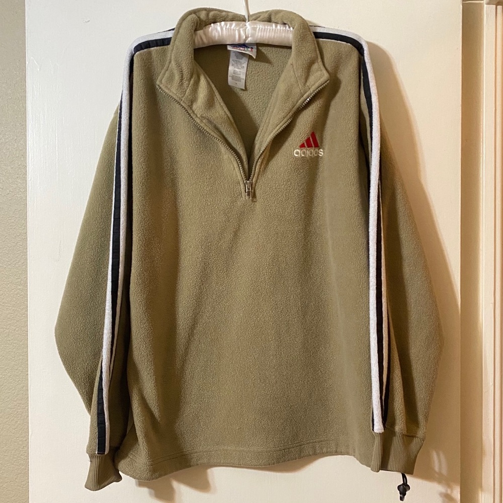 Adidas retro fleece half-zip sweatshirt tan neutral striped jacket pullover